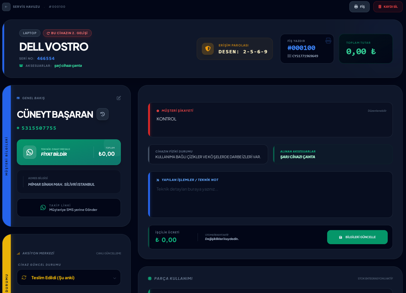 Servis Detayı ekranı