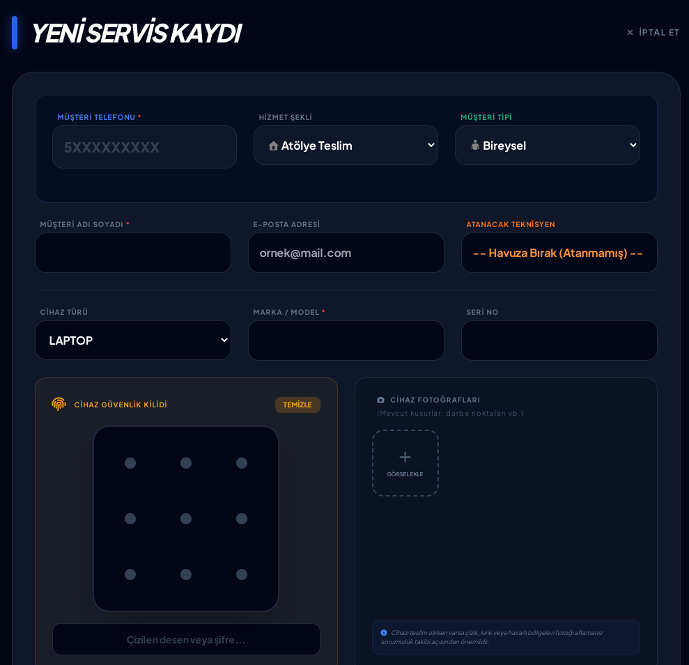 Yeni Servis Kaydı ekranı