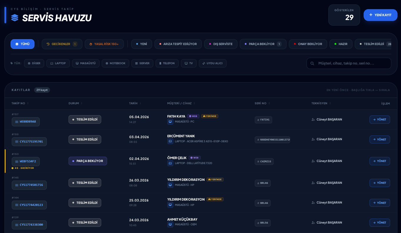 Servis Havuzu ekranı