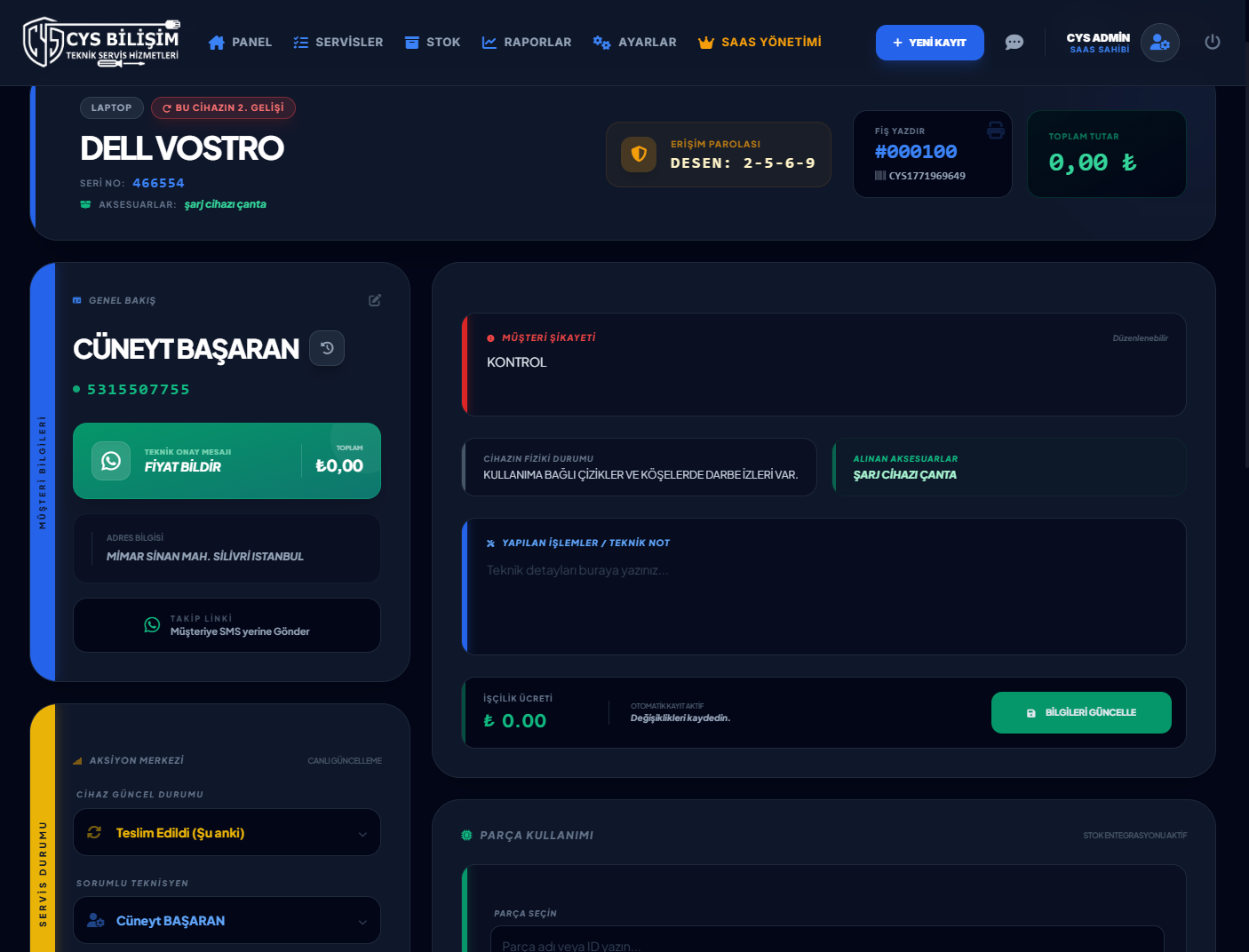 Teknik Servis Takip Programı — Servis Detay ve işlem ekranı