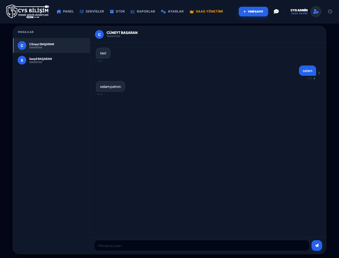 Teknik Servis Takip Programı — Şirket içi personel ile mesajlaşma