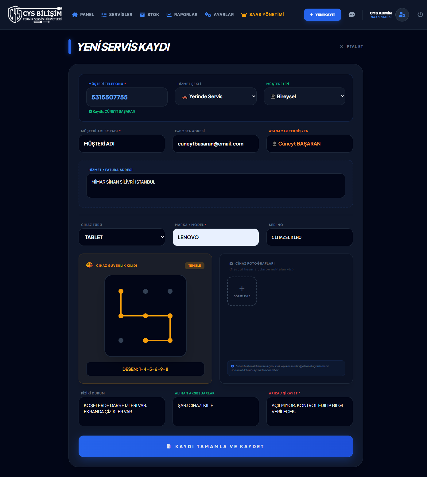 Teknik Servis Takip Programı — Servise alınacak olan cihazın kaydedilmesi,kayıt ekranı