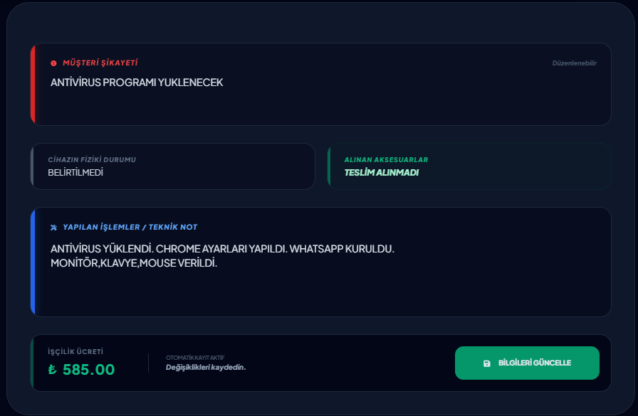 Teknik Servis Takip Programı — Şikayet ve yapılanlar ekranı
