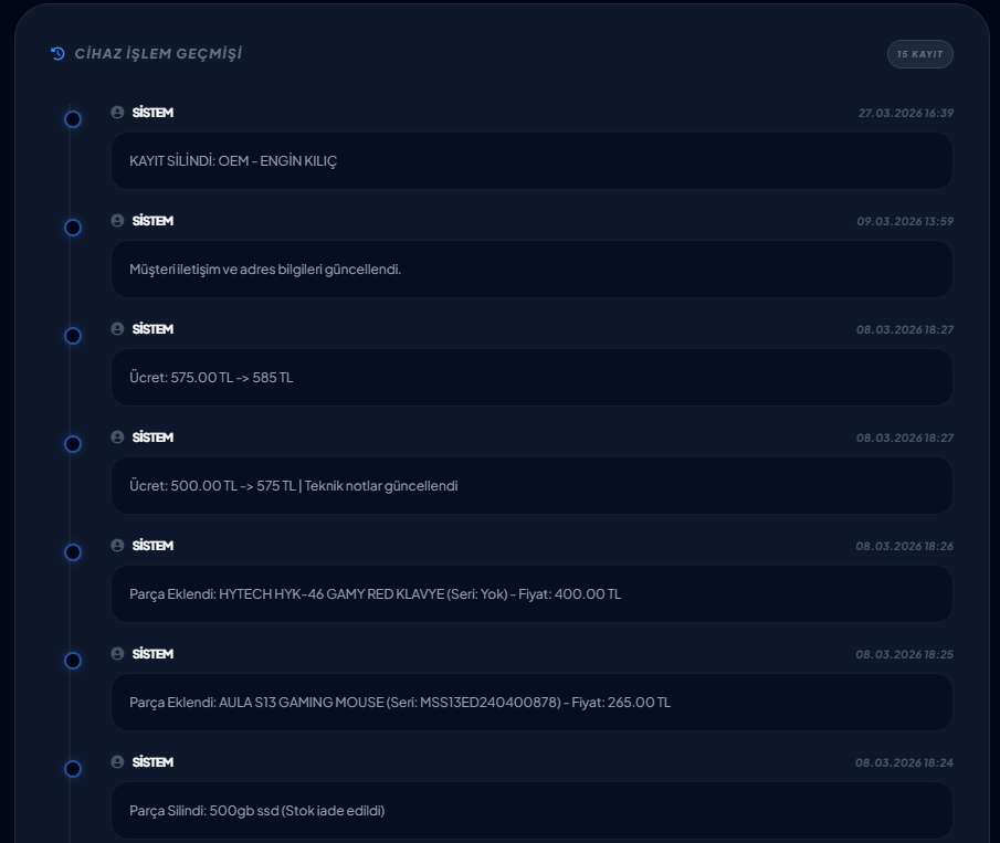 Teknik Servis Takip Programı — Servisteki cihazın işlem logları