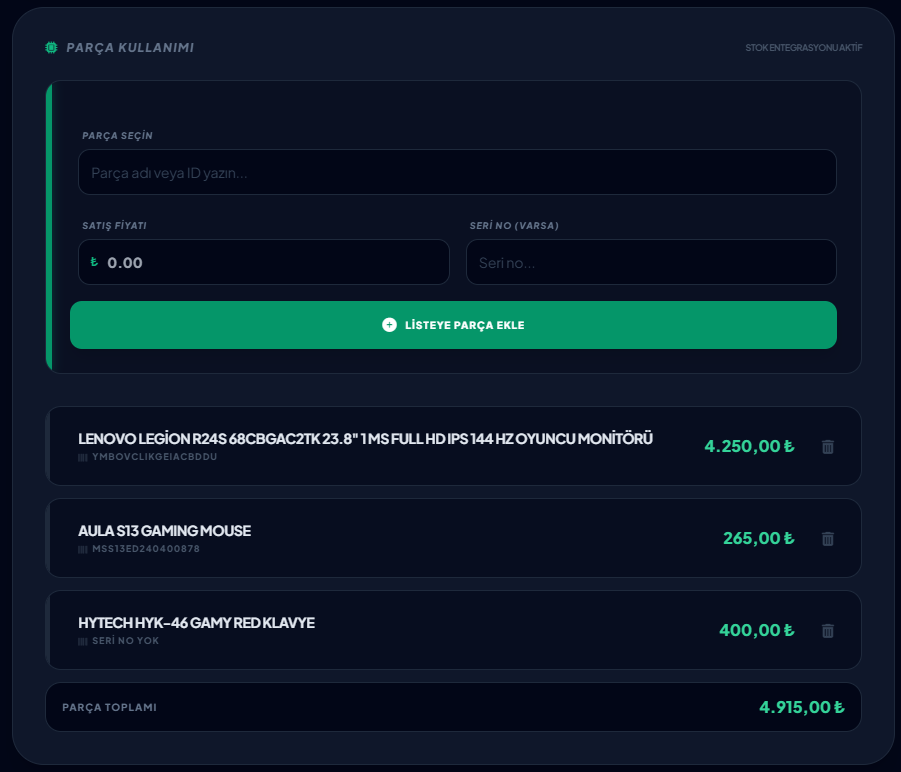 Teknik Servis Takip Programı — Cihaza parça kullanma seri nolu