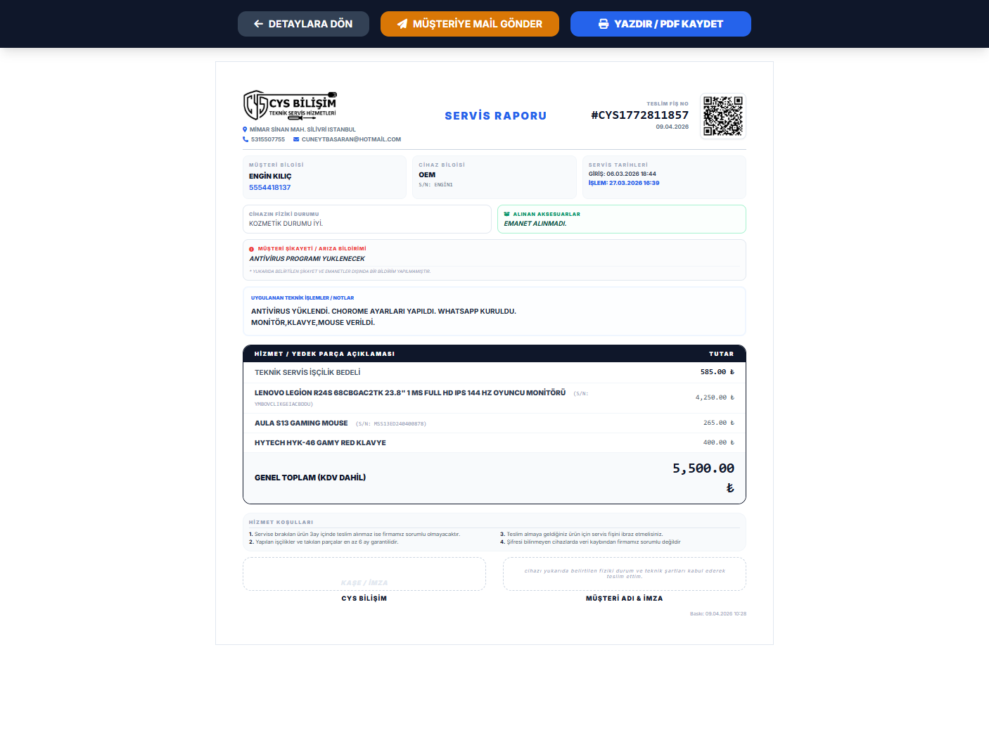 Teknik Servis Takip Programı — Servis Raporu baskı ekranı