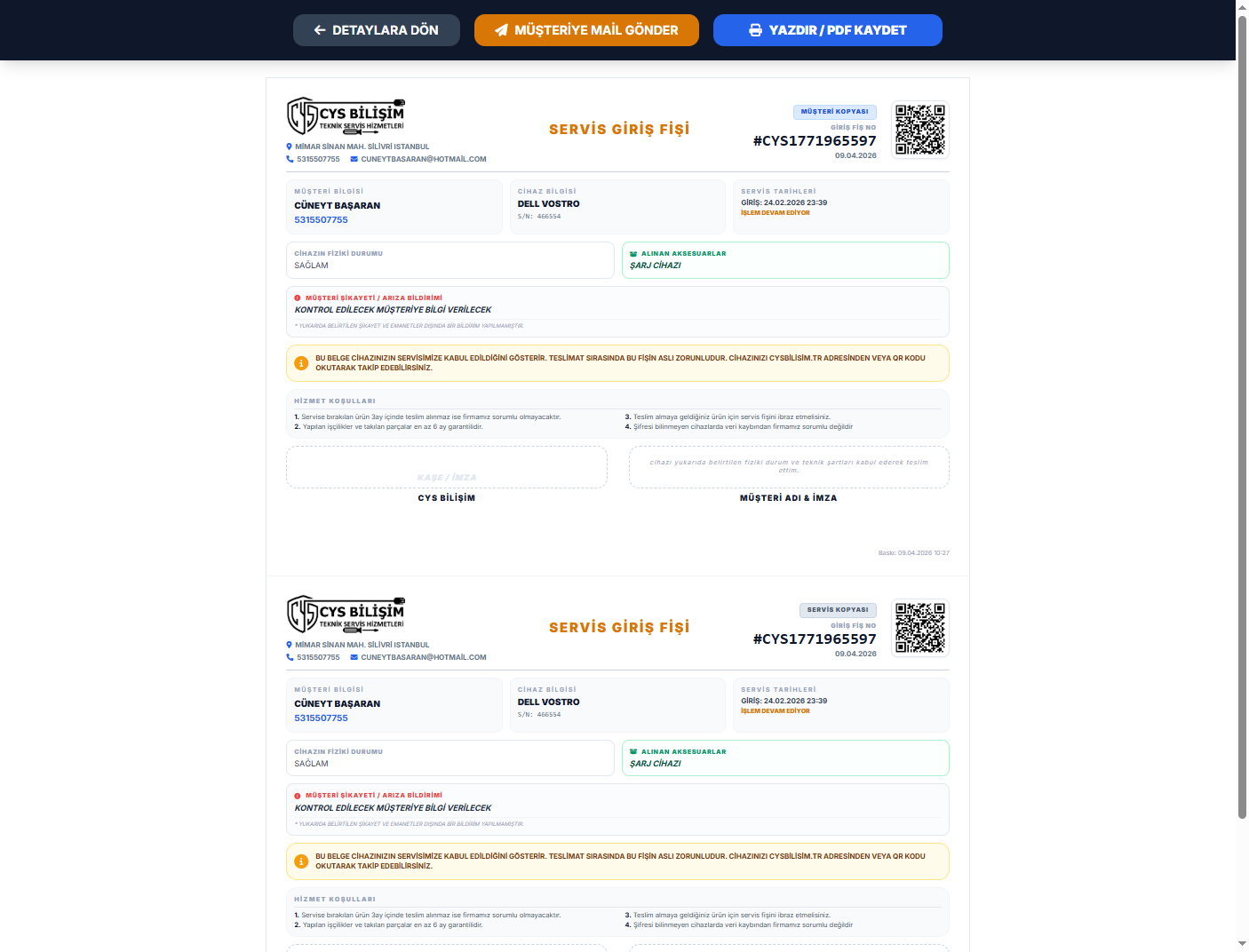 Teknik Servis Takip Programı — Servis giriş fişi A4 iki nüsha
