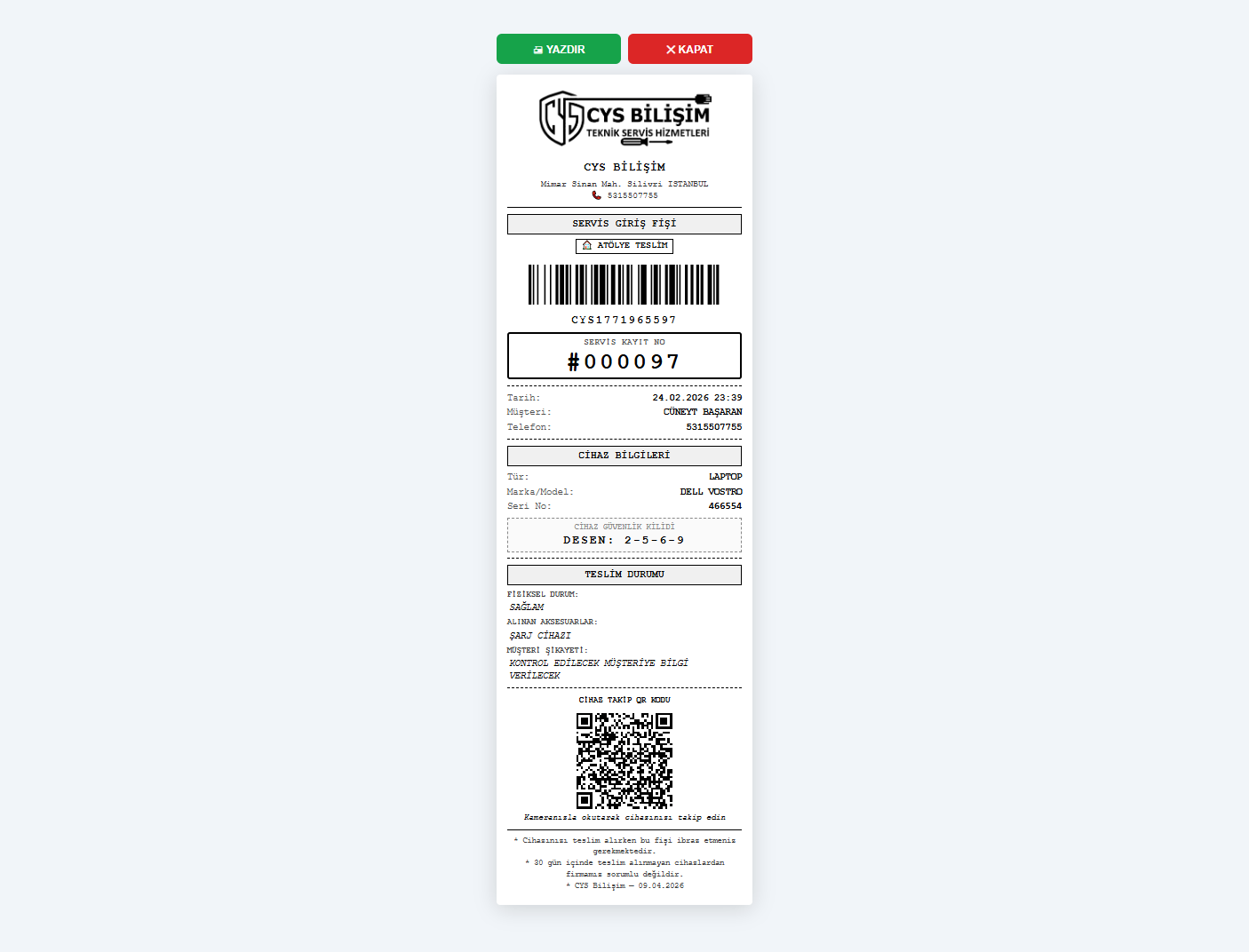 Teknik Servis Takip Programı — Termal pos çıktısı için servis fişi