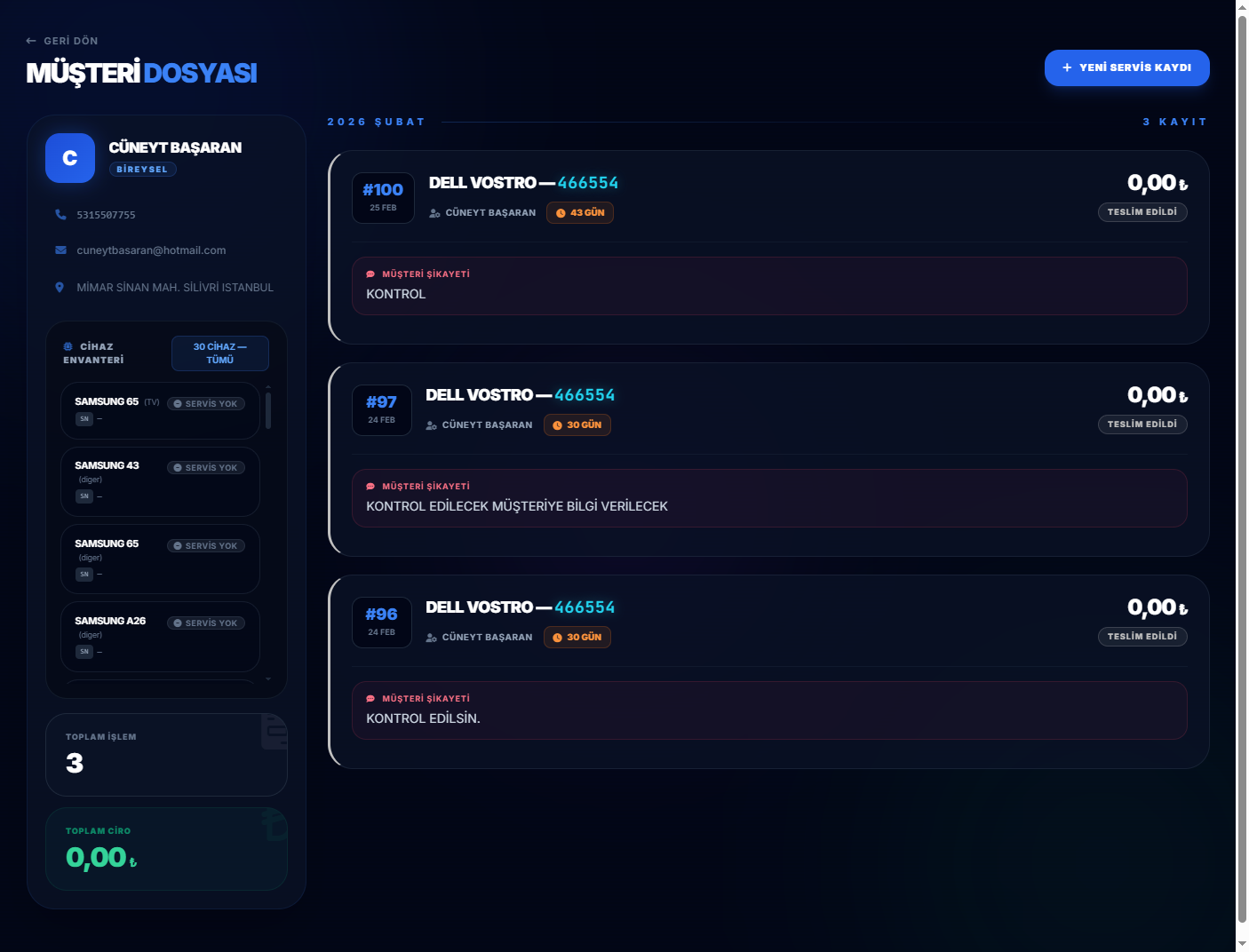 Teknik Servis Takip Programı — Müşteri ve cihazları geçmişi