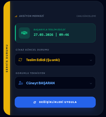 Teknik Servis Takip Programı — Servis durumu değişikliği ve teknisyen atama ekranı
