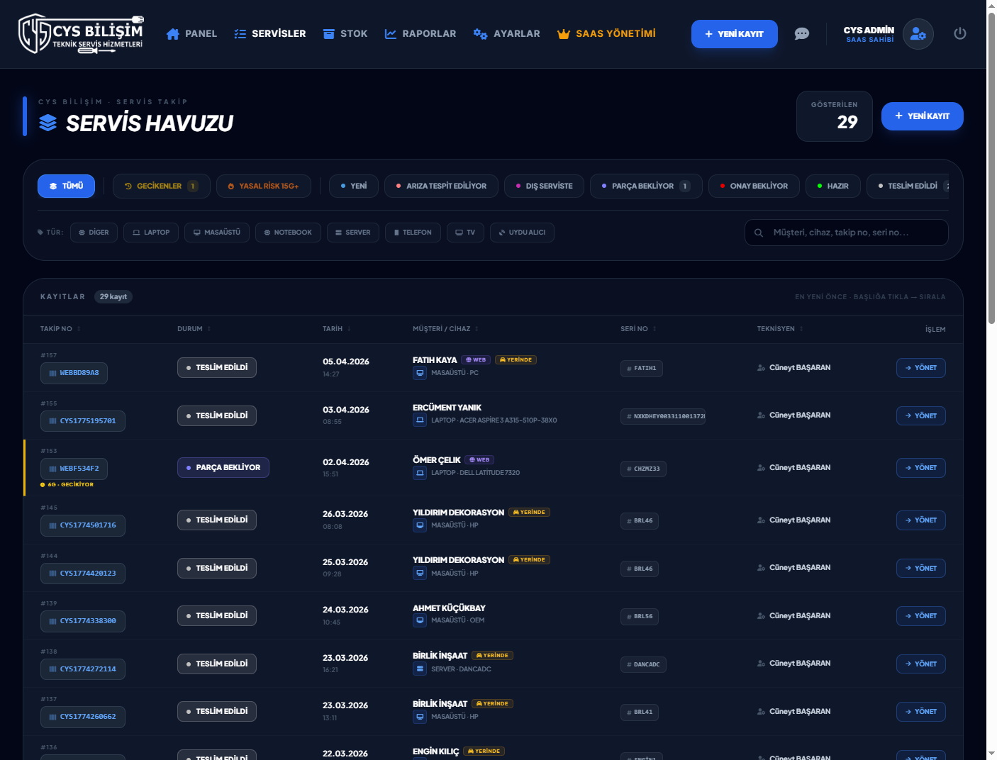 Teknik Servis Takip Programı — Servisteki cihazların listesi servis havuzu ekranı