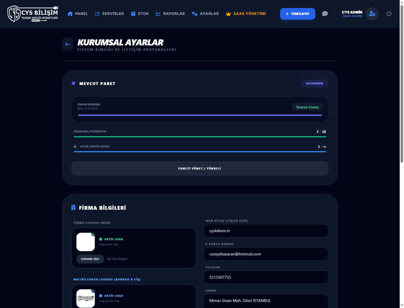Teknik Servis Takip Programı — Kurumsal firma ayarları