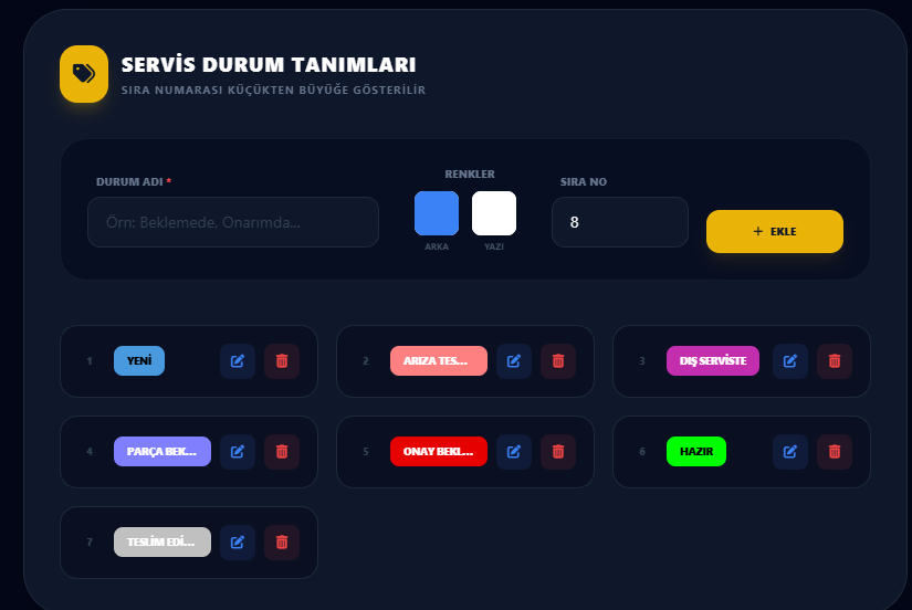 Teknik Servis Takip Programı — Servis Durumları ve renklere göre ayarlarlama