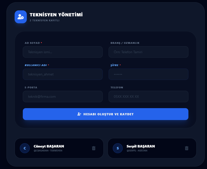 Teknik Servis Takip Programı — Teknisyen ekleme ve düzenleme