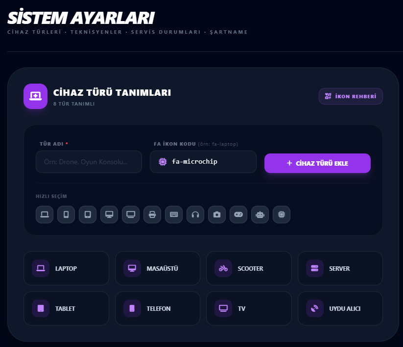 Teknik Servis Takip Programı — Cihaz türklerini tanımlama ekranı