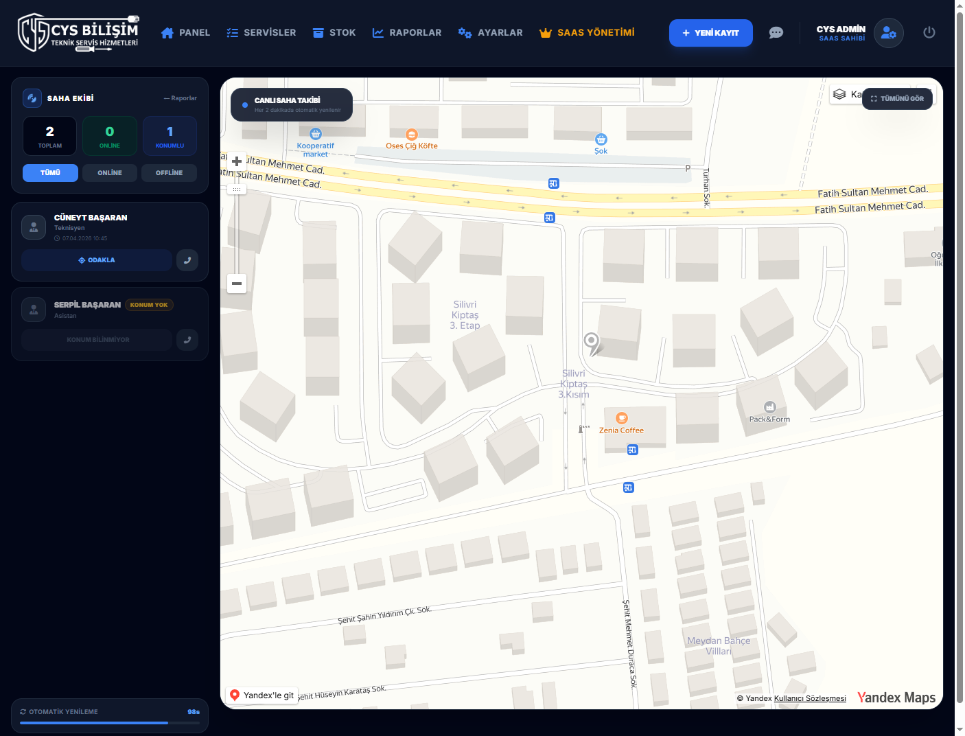 Teknik Servis Takip Programı — Teknisyenlerin konumunu görme ve takip