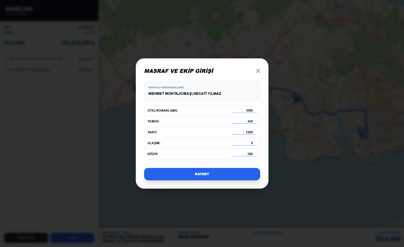 MobiLOG — Rota maliyetleri gider giriş ekranı