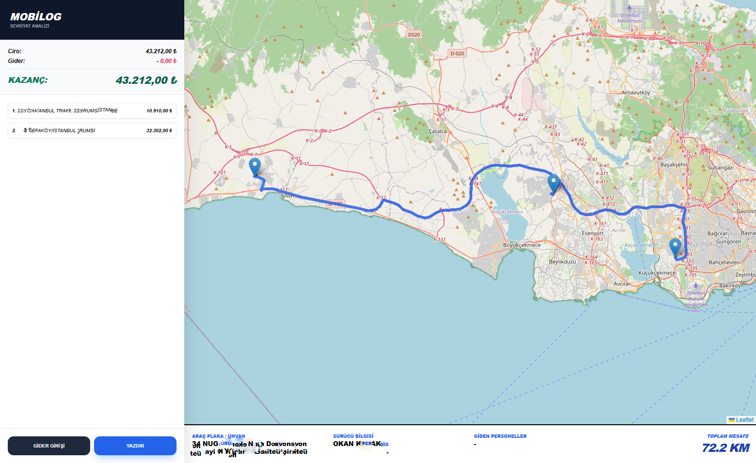 MobiLOG — Rotayı harita üzerinde planlama