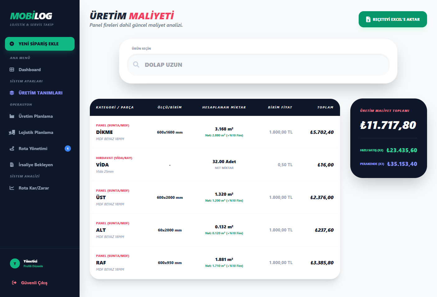 MobiLOG — Reçeteye göre maliyet hesabı