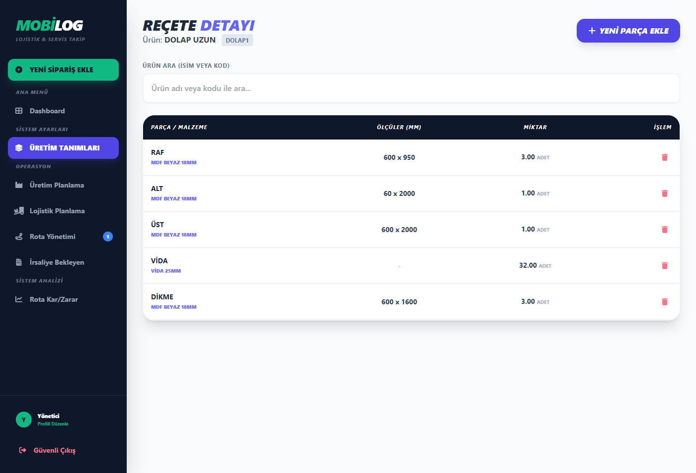 MobiLOG — Ürünü oluşturan parçların girilmesi