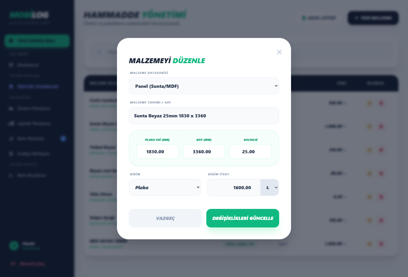 MobiLOG — Hammadde giriş ekranı