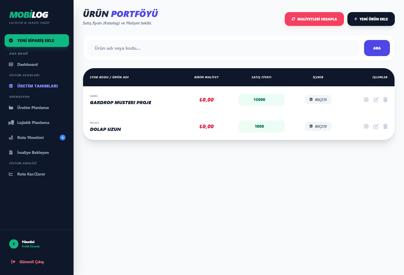 MobiLOG — Ürün tanımları ekranı