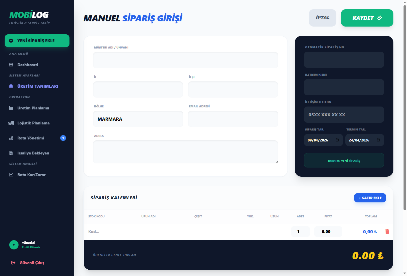 MobiLOG — Yeni sipariş giriş ekranı
