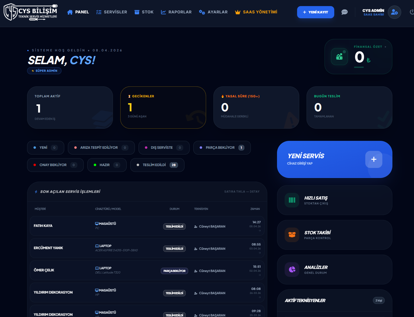 Teknik Servis Takip Programı ana ekranı